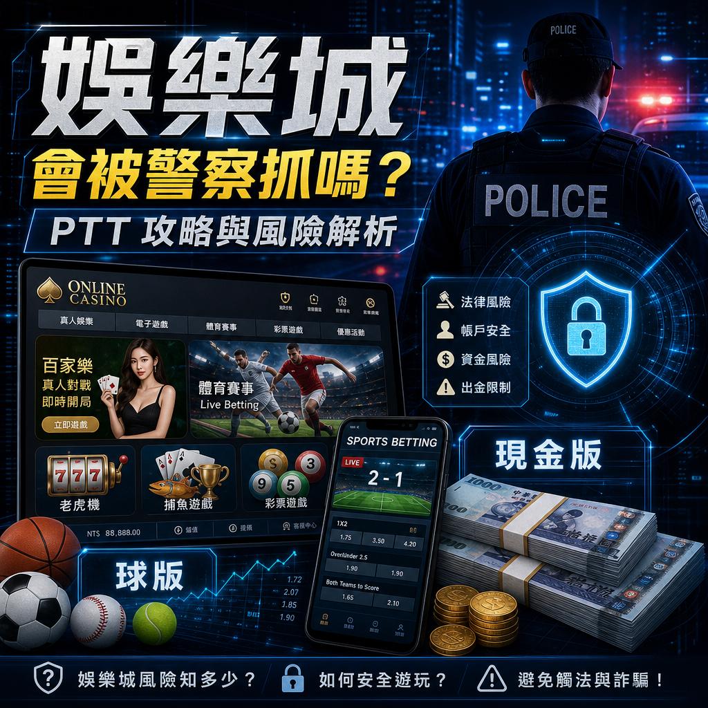 Promotional banner for an online casino with Chinese text, casino UI, money stacks, and a police officer guarding a digital shield. (risk of getting caught)
