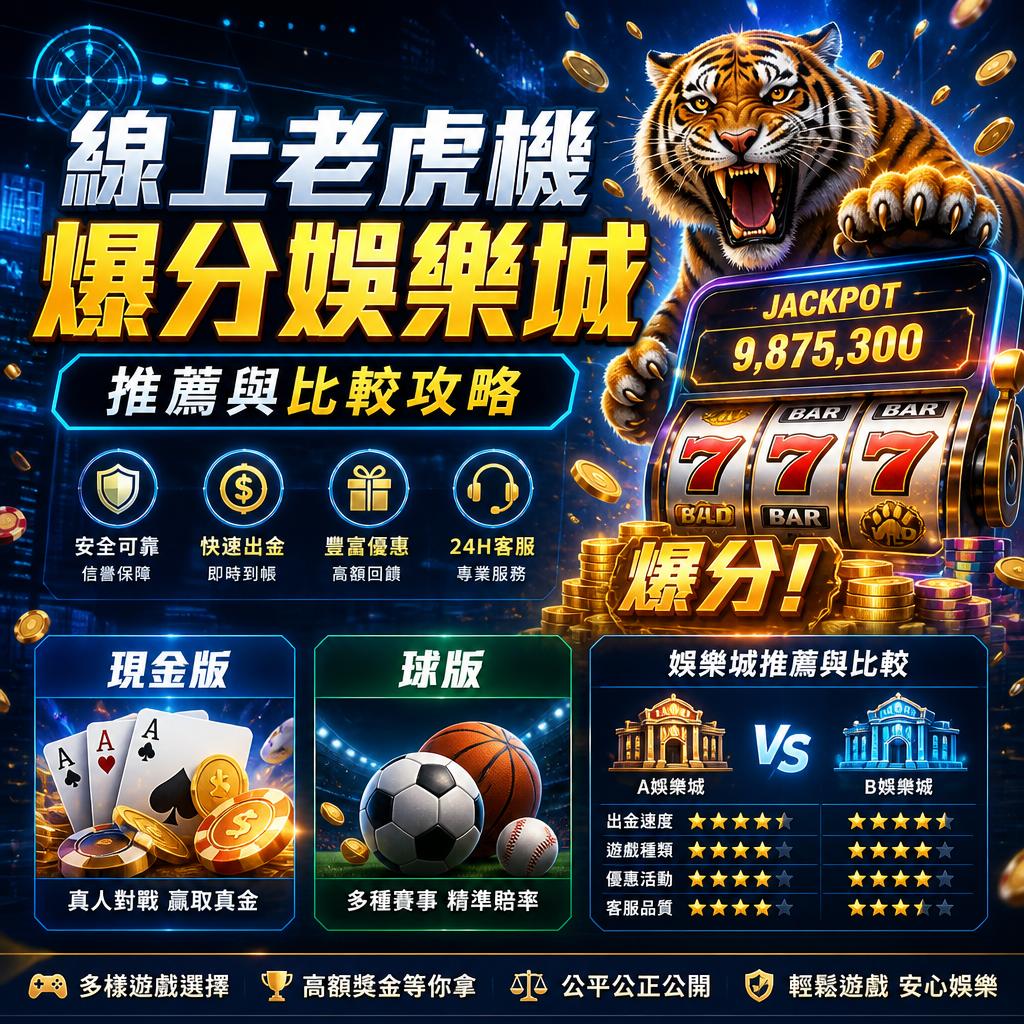 线上老虎机广告海报，金色大字宣传爆分娱乐城，金虎咆哮着老虎机，滚动显示9,875,300大奖，周围有金币。