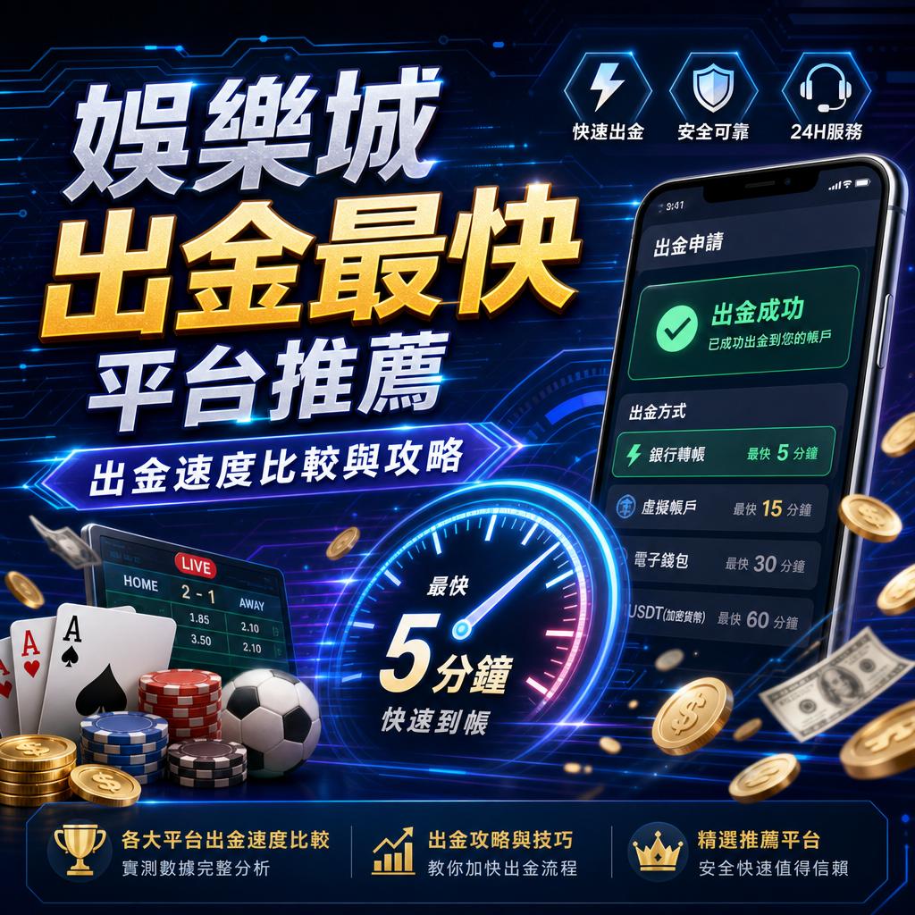 蓝色科技风广告，手机屏显示提现成功与5分钟到账，周围有金币、纸币、扑克牌与足球等道具，强调“最快出金、平台推荐”。