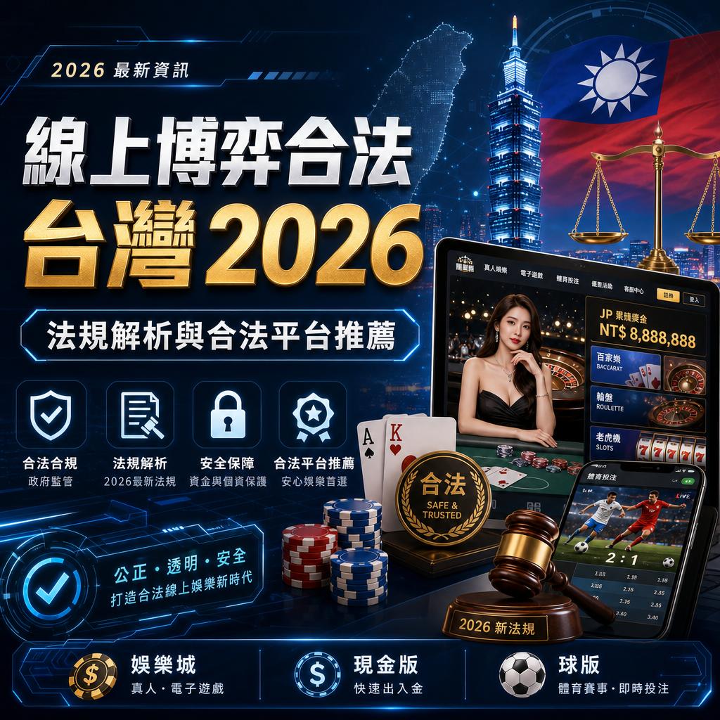 Promotional banner for Taiwan 2026 online gambling laws, with security icons, chips, gavel, Taipei 101, and a dealer on a tablet screen.