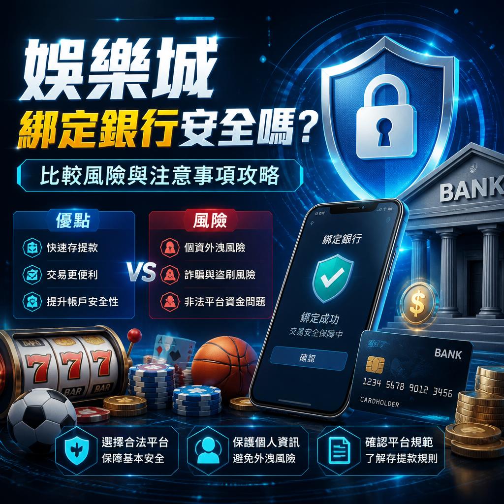 中文版銀行安全信息插圖：盾牌與銀行大樓背景，左側列出優點，右側列出風險，包含手機綁定成功畫面。優點含快速存款、交易便利、提升帳戶安全等。風險含個資外洩、詐騙與非法資金風險。